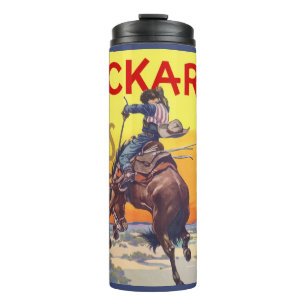 Vintage-Fruchtschachtel-Etikettenkunst, Buckaroo-Ä Thermosbecher