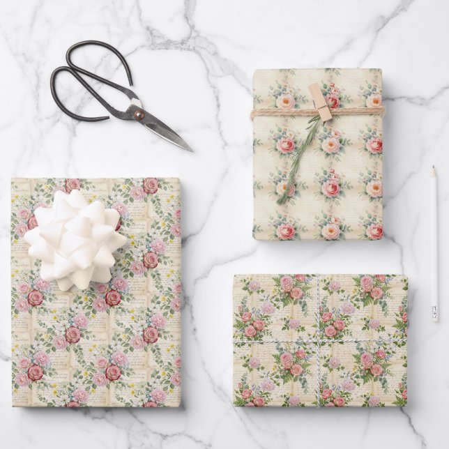 Vintage Frühling Brief Blumen Geschenkpapier 3 Bog Set (Vorderseite)