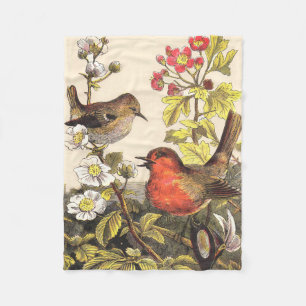 Vintage-Frühlings-Rotkehlchen-Singvögel-Botanik-Bl Fleecedecke