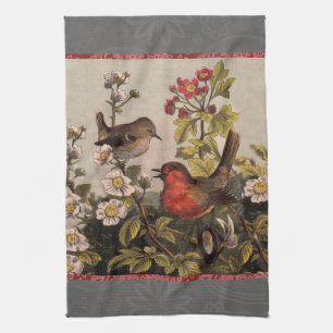 Vintage-Frühlings-Rotkehlchen-Singvögel-Botanik-Bl Handtuch