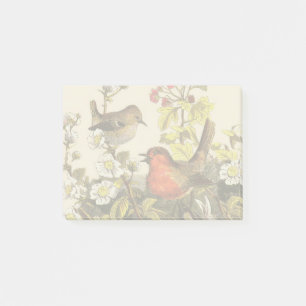 Vintage-Frühlings-Rotkehlchen-Singvögel-Botanik-Bl Post-it Klebezettel