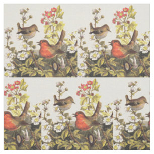 Vintage-Frühlings-Rotkehlchen-Singvögel-Botanik-Bl Stoff
