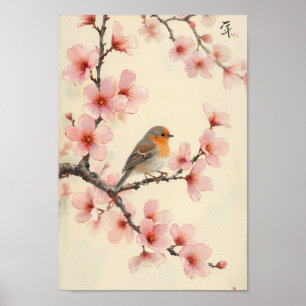 Vintage Frühlings-Vogel-Kirschblüten-Wandkunst Poster
