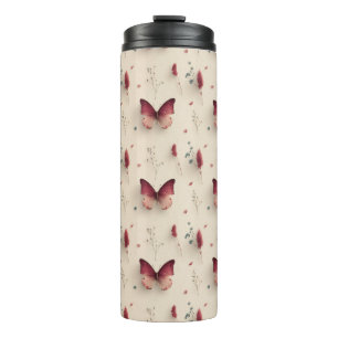 Vintage Frühlingsblumen & rosafarbener Schmetterli Thermosbecher
