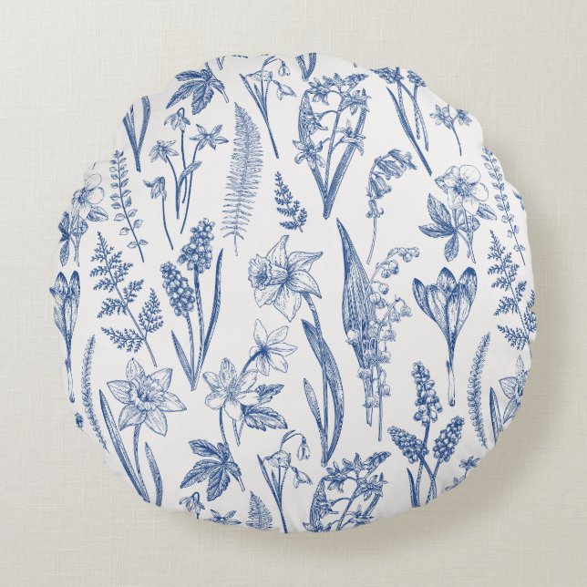 Vintage Frühlingsblumen und Kräuter Rundes Kissen (Vorderseite)