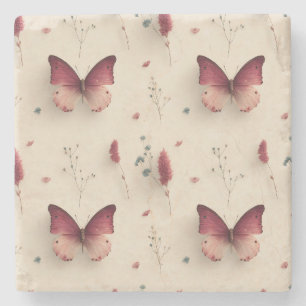 Vintage Frühlingsblumen und rosa Schmetterling Steinuntersetzer