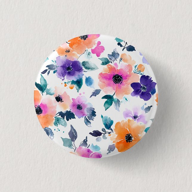 Vintage Frühlingsgarten Aquarell Blumen Button (Vorderseite)