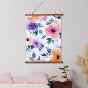 Vintage Frühlingsgarten Aquarell Blumen Wandteppich Mit Holzrahmen