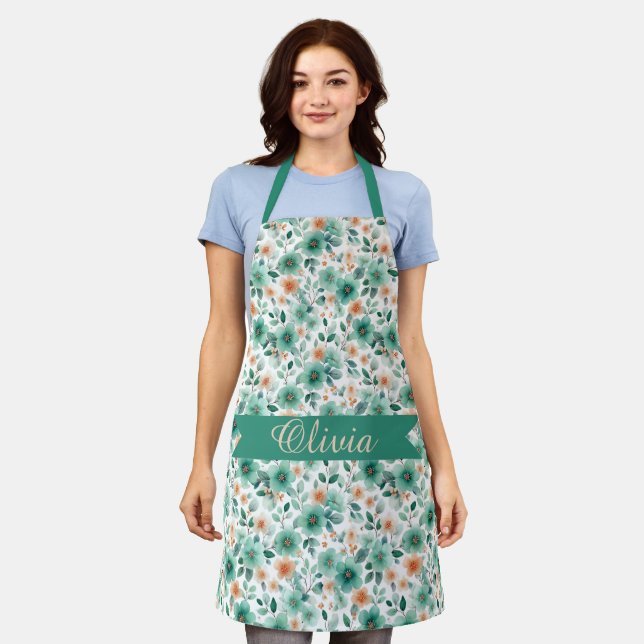 Vintage Frühlingsgrüne Florale Personalisierte Schürze (Getragen)
