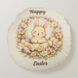 Vintage-Frühlingshase-Blumenkranz Ostern Rundes Kissen