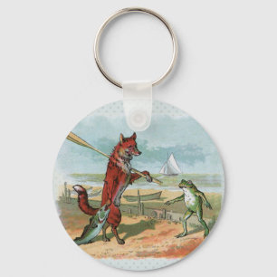 Vintage-Fuchs-und-Frosch-Strand-whimsische Illustr Schlüsselanhänger