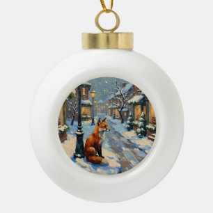 Vintage Fuchs unter Gaslaterne in weihnachtlicher  Keramik Kugel-Ornament