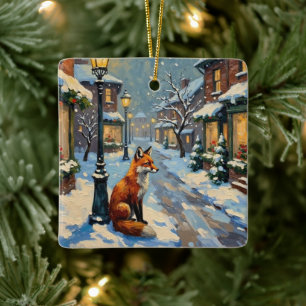 Vintage Fuchs unter Gaslaterne in weihnachtlicher  Keramikornament