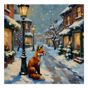 Vintage Fuchs unter Gaslaterne in weihnachtlicher Poster
