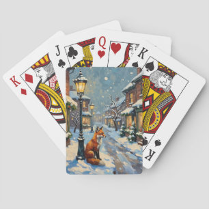Vintage Fuchs unter Gaslaterne in weihnachtlicher  Spielkarten