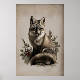 Vintage-Fuchs-Weihnachtsdruck, Rustikale Waldlands Poster