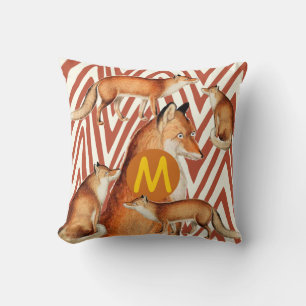 Vintage Füchse im Orange Zig Zag Muster Kissen