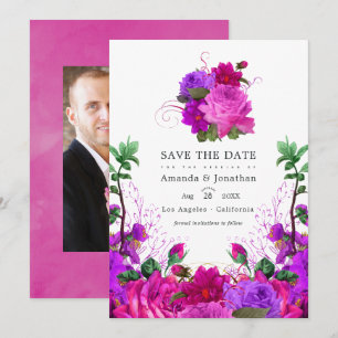 Vintage-Fuchsia- und violette Blumenhochzeitsfoto Save The Date