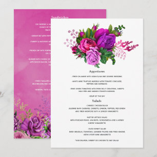 Vintage Fuchsien und Lila Blumenhochzeit Menükarte