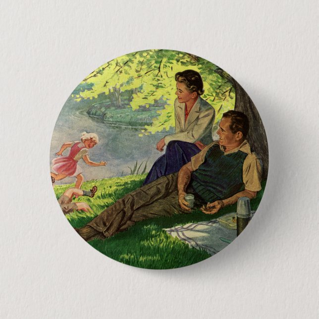 Vintage Fun Family Picnic unter einem Schattenbaum Button (Vorderseite)