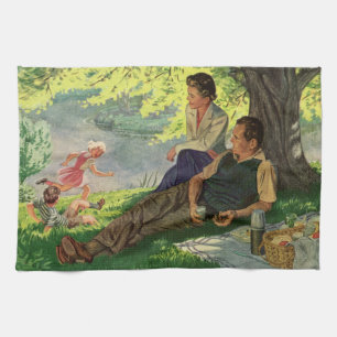 Vintage Fun Family Picnic unter einem Schattenbaum Geschirrtuch