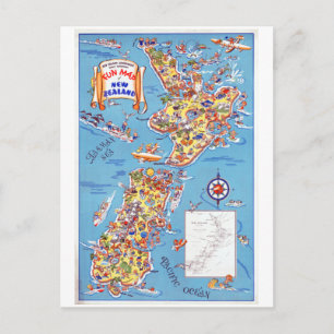 Vintage Fun Map Neuseelands Postkarte