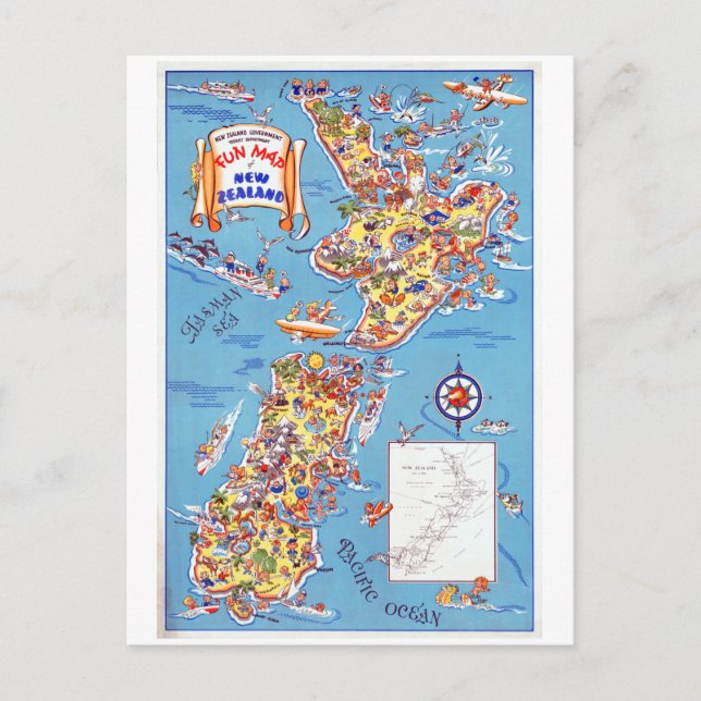 Vintage Fun Map Neuseelands Postkarte (Vorderseite)
