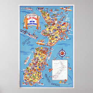 Vintage Fun Map von Neuseeland Poster