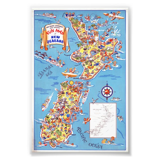 Vintage Fun Map von Neuseeland Poster (Vorne)