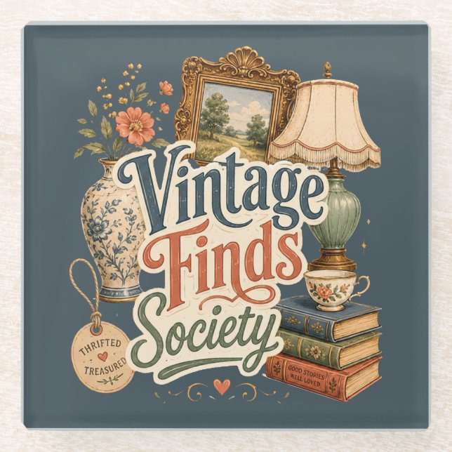 Vintage-Funde Cottagecore-Schätze Blau  Glasuntersetzer (Vorderseite)