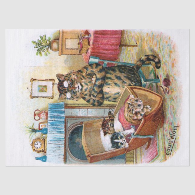 Vintage Funny Cat & Kittens im Wiege Seidenpapier (Vorderseite)