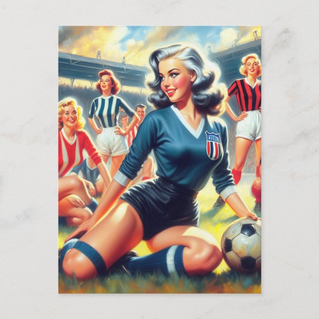 Vintage Fußball-Girls-Illustration Postkarte (Vorderseite)