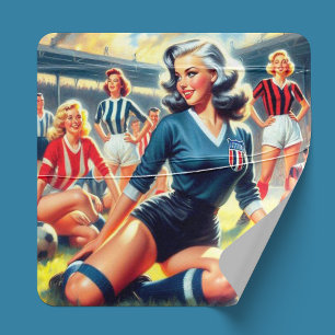Vintage Fußball-Girls-Illustration Quadratischer Aufkleber