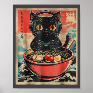 Vintage-Gamer-Katze Lustige Ramen Retro Japanische Poster