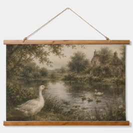 Vintage-Gänseteich-Cottage-Wandbehang Wandteppich Mit Holzrahmen