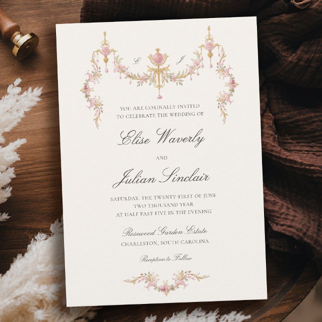 Vintage Garden French Chateau Soft Blush Wedding Einladung (regency romance vintage chateau garden wedding blush pink gold floral invitation monograms)