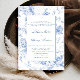 Vintage-Garten-Blau-Toile Moderne Klassische Hochz Einladung