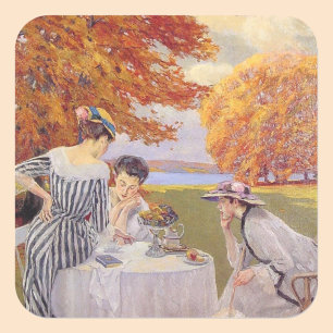 Vintage-Garten-Teeparty im Herbst Elegant Edwardia Quadratischer Aufkleber