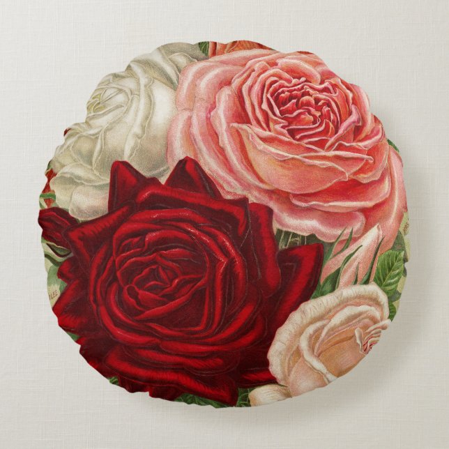 Vintage Gartenbau Rose Rundkissen Rundes Kissen (Vorderseite)