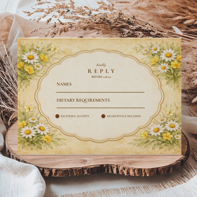 Vintage Gartzeithe Hochzeit mit Gänseblümchen RSVP Karte (Von Creator hochgeladen)