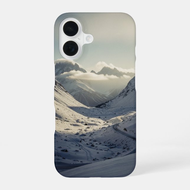 Vintage Gebirgspass im Schnee iPhone 16 Hülle (Rückseite)