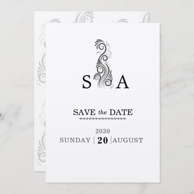Vintage, Geblüht Black Monogram Wedding Save The Date (Vorne/Hinten)