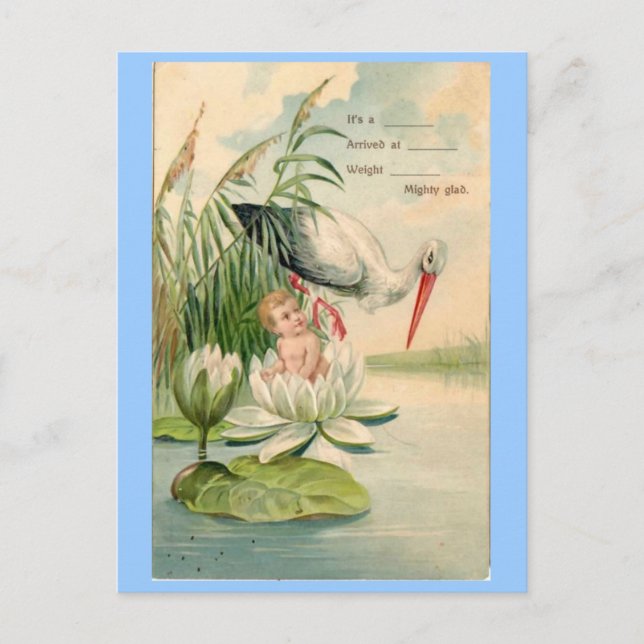 Vintage Geburtsankündigung Stork, Lily Pad, Baby Ankündigungspostkarte (Vorderseite)
