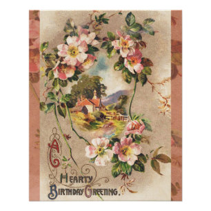 Vintage Geburtstags-Blumen-Landhaus im viktorianis Poster