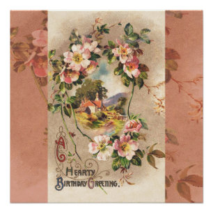 Vintage Geburtstags-Blumen-Landhaus im viktorianis Poster