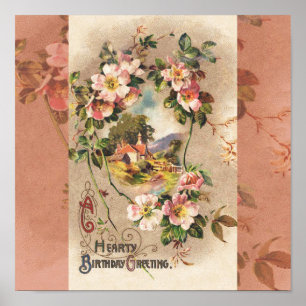 Vintage Geburtstags-Blumen-Landhaus im viktorianis Poster