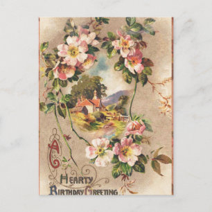Vintage Geburtstags-Blumen-Landhaus im viktorianis Postkarte