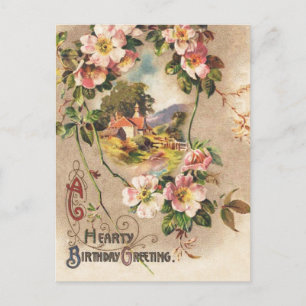 Vintage Geburtstags-Blumen-Landhaus im viktorianis Postkarte
