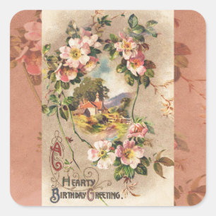 Vintage Geburtstags-Blumen-Landhaus im viktorianis Quadratischer Aufkleber