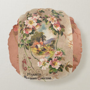 Vintage Geburtstags-Blumen-Landhaus im viktorianis Rundes Kissen